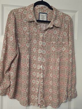 Style & Co. Beige and Red Floral-Print Button-Down Shirt